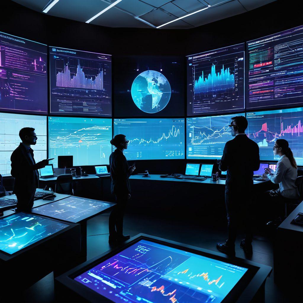 A diverse group of researchers collaborating at a high-tech lab, surrounded by digital screens displaying data and charts, with colorful charts and graphs floating around them. Include elements like virtual reality headsets, holographic models, and a sense of dynamic interaction. The atmosphere should convey innovation and excitement about knowledge advancement. vibrant colors. cyberpunk.