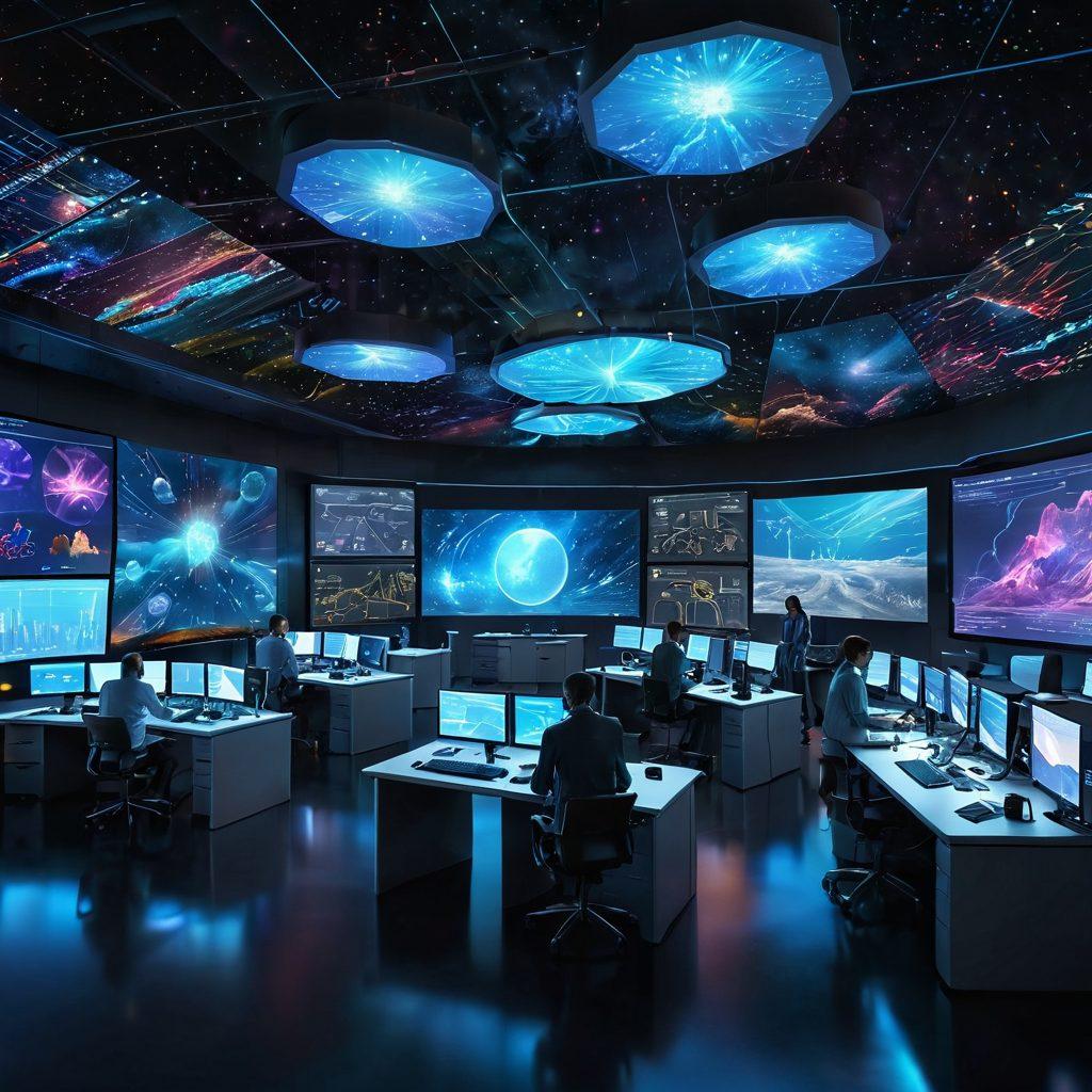 A futuristic laboratory filled with advanced data collection tools and scientists analyzing data on holographic screens, surrounded by a vast cosmic backdrop symbolizing new horizons. The scene is vibrant and engaging, featuring diverse researchers collaborating passionately amidst flowing streams of data visualization graphs. super-realistic. vibrant colors. 3D.